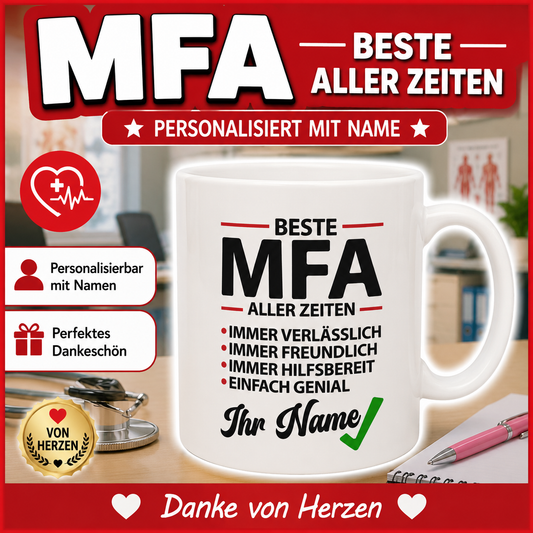 Personalisierte MFA Tasse – Geschenk für Medizinische Fachangestellte mit Wunschname, ideal als Dankeschön, Geburtstagsgeschenk oder Aufmerksamkeit für die beste MFA.
