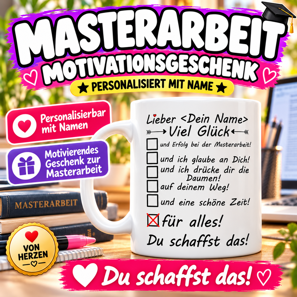 Personalisierte Tasse als Motivationsgeschenk für die Masterarbeit – liebevolle Geschenkidee mit Wunschname für Motivation beim Schreiben der Masterarbeit.