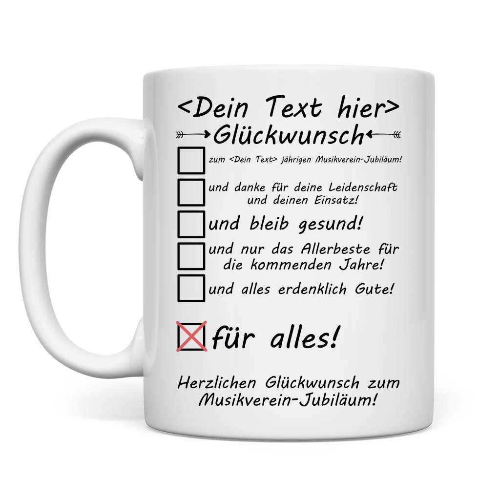 Personalisierte Musikverein Jubiläum Tasse mit Wunschtext – herzlichen Glückwunsch zum Vereinsjubiläum