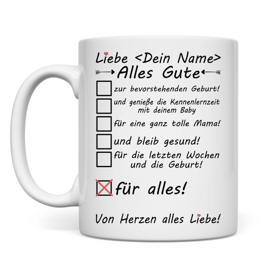 Weisse Keramiktasse mit Namen fuer werdende Mutter als Geschenk zur Schwangerschaft und bevorstehenden Geburt fuer Kollegin