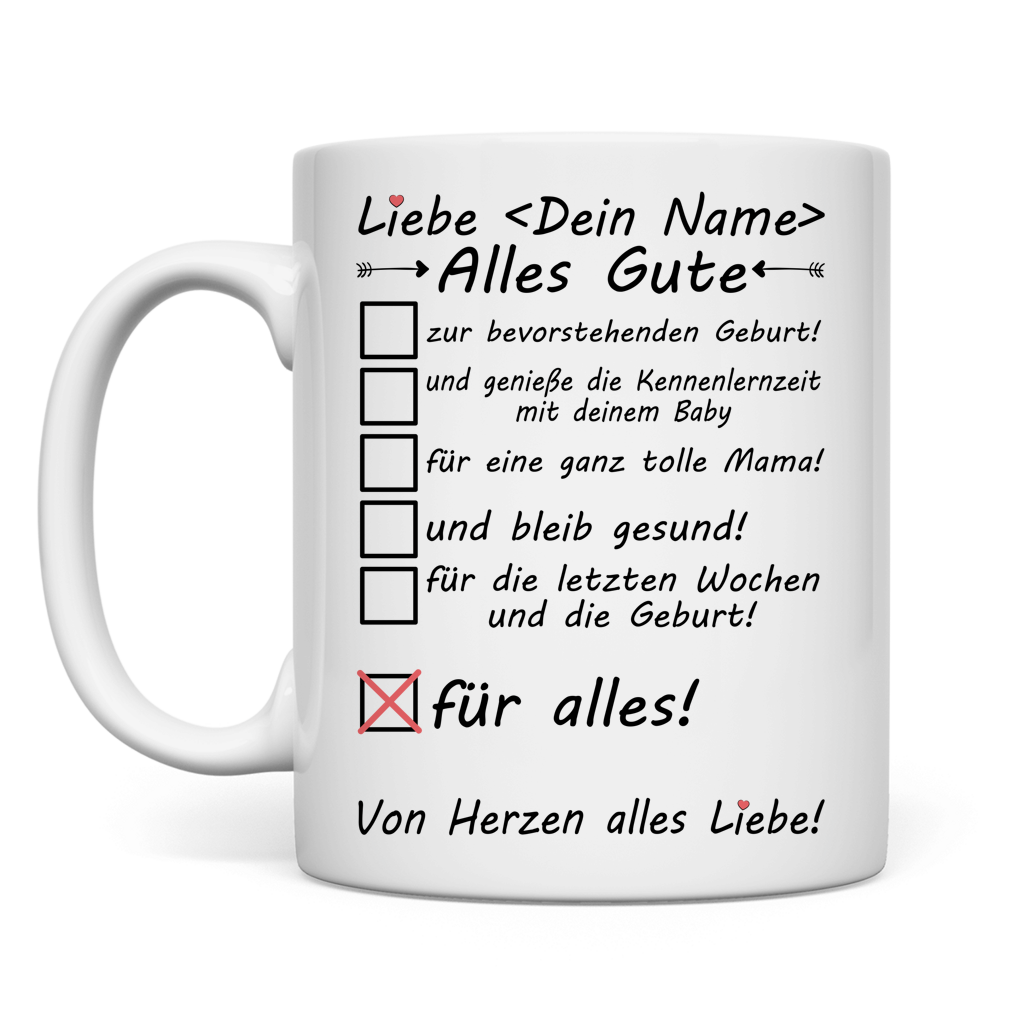 Weisse Keramiktasse mit Namen fuer werdende Mutter als Geschenk zur Schwangerschaft und bevorstehenden Geburt fuer Kollegin