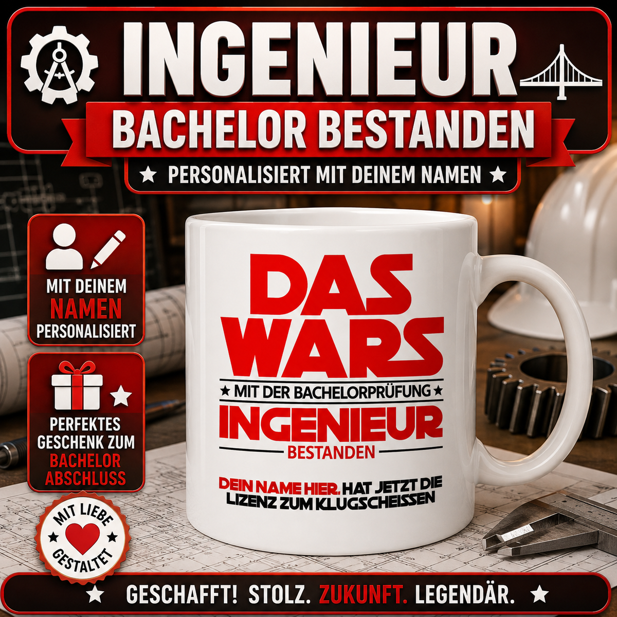 Personalisierte Tasse zum bestandenen Bachelor als Ingenieur mit Wunschname – Geschenk zur bestandenen Bachelorprüfung für Ingenieure.