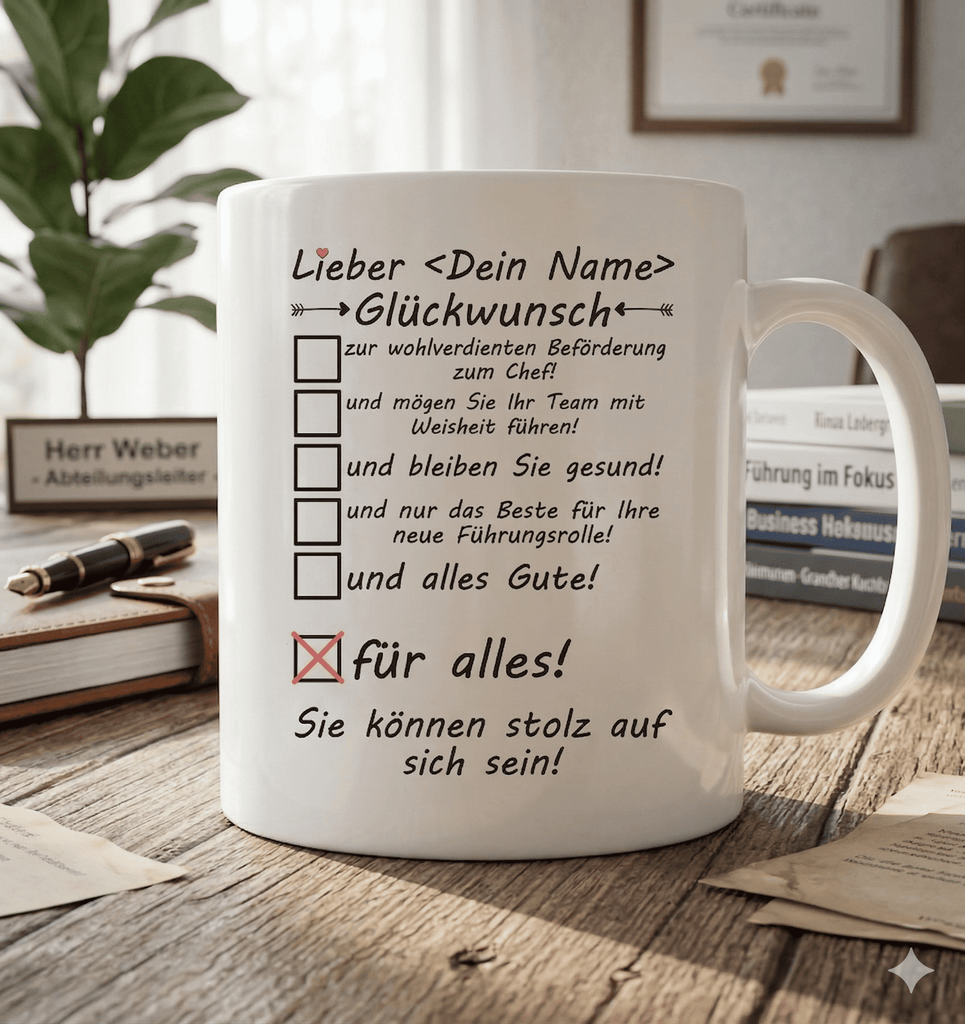 Personalisierte Tasse zur Beforderung zum Chef mit Namen bedruckt – Geschenk fuer die neue Fuehrungskraft