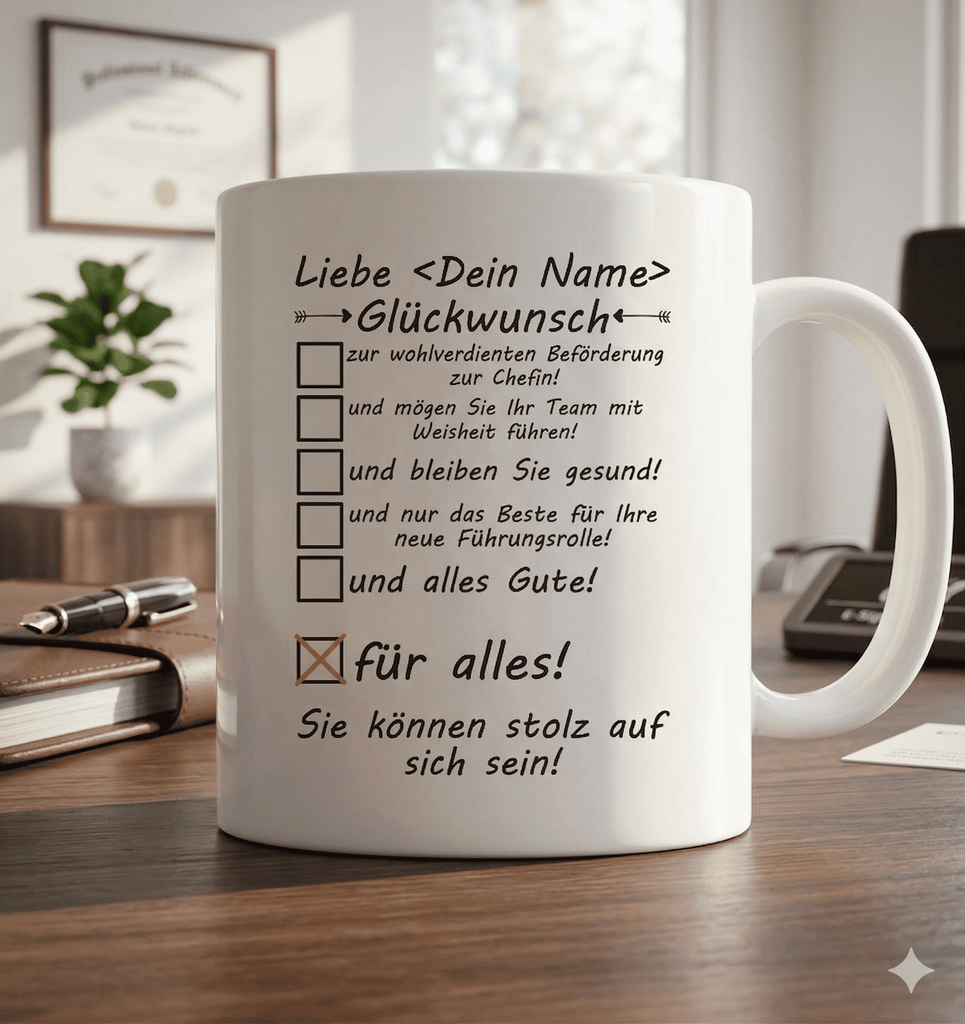 Personalisierte Tasse mit Name als Geschenk zur Befoerderung fuer die neue Chefin