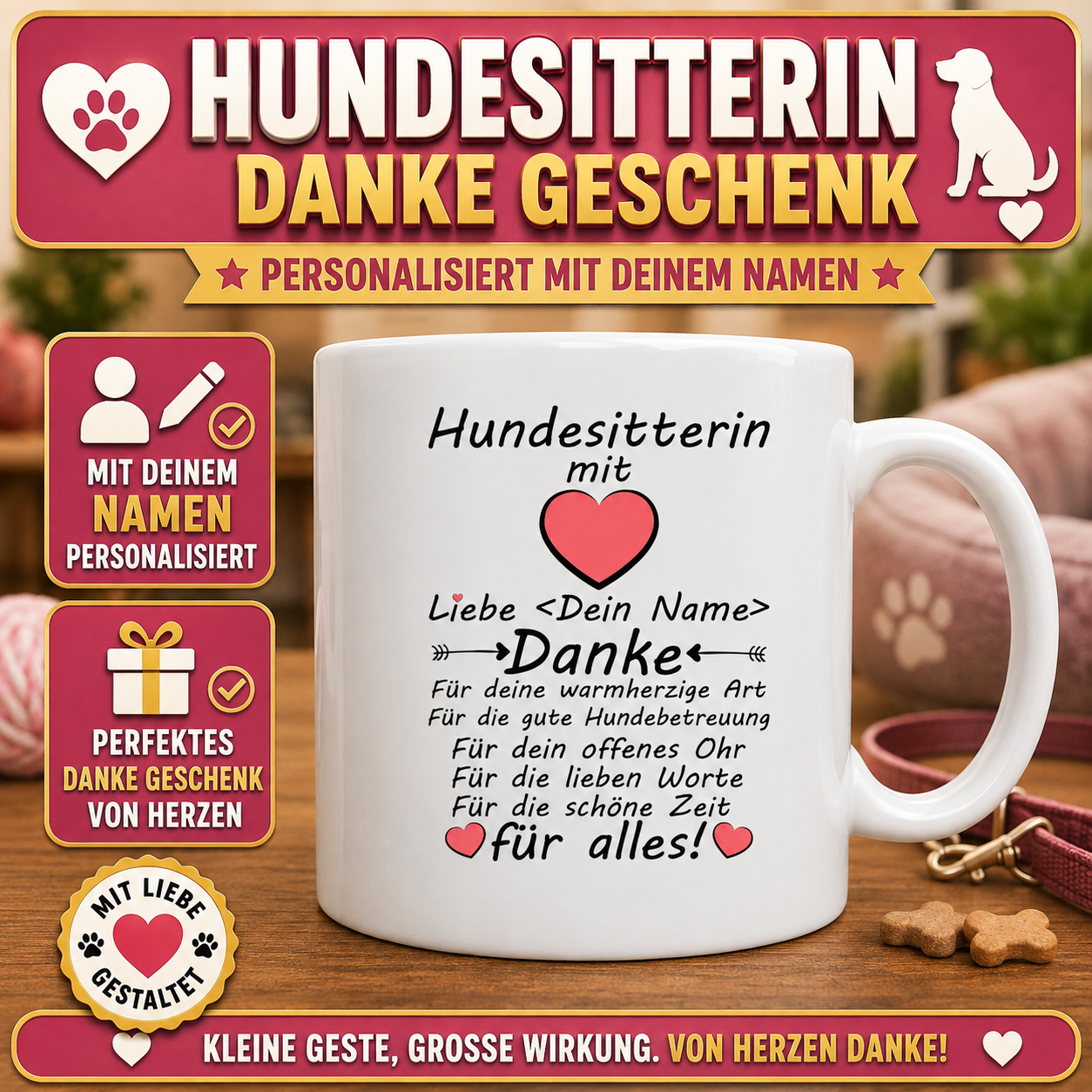 Personalisierte Tasse als Dankeschön für Hundebetreuung mit Wunschname – liebevolles Geschenk für Hundesitterin oder Hundesitter.