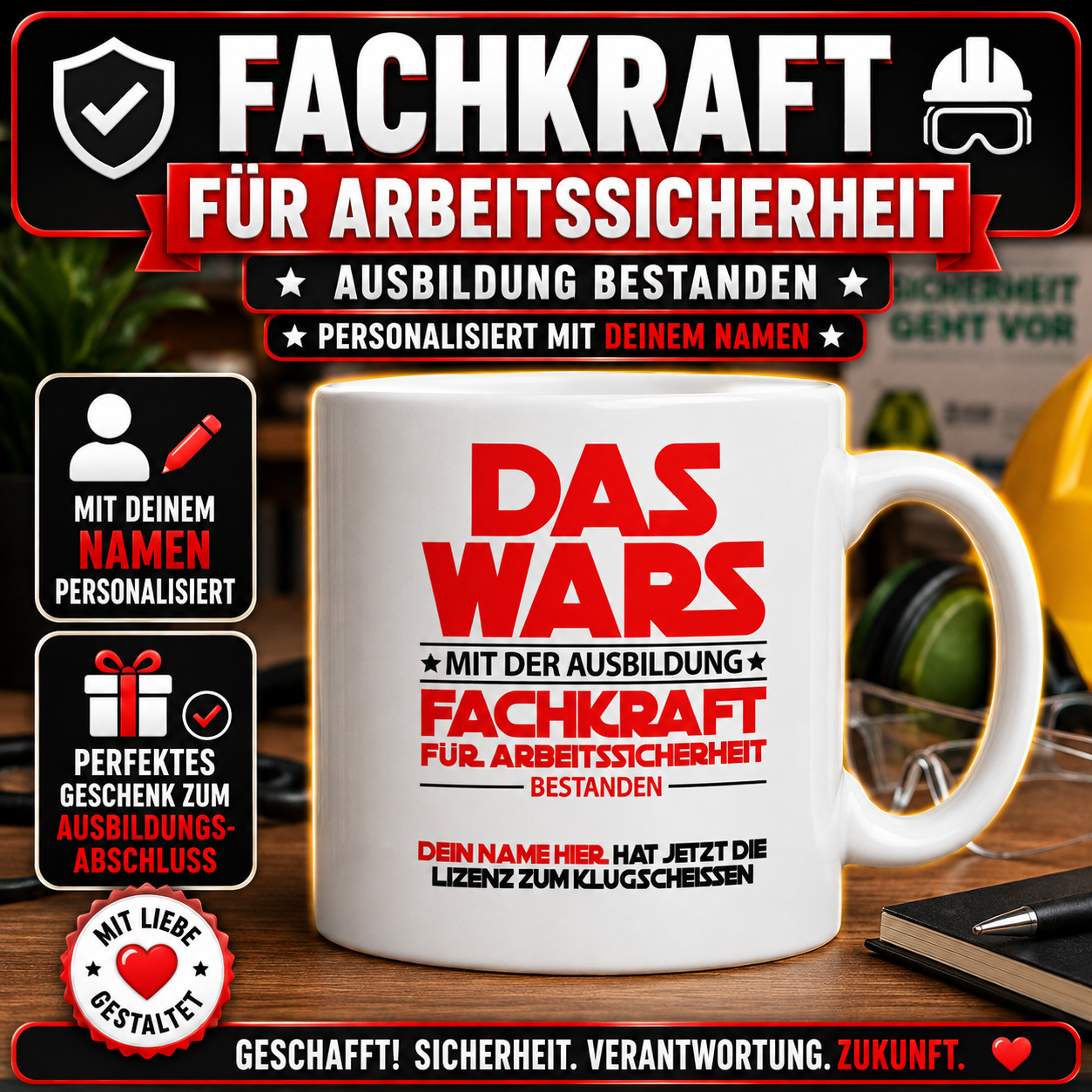 Personalisierte Tasse „Fachkraft für Arbeitssicherheit bestanden“ – Geschenk zum bestandenen Abschluss mit Wunschname für Fachkräfte für Arbeitssicherheit.