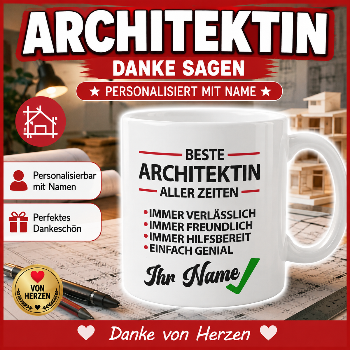 Personalisierte Tasse als Geschenk für Architektin mit Wunschname – individuelle Kaffeetasse für Architektinnen.