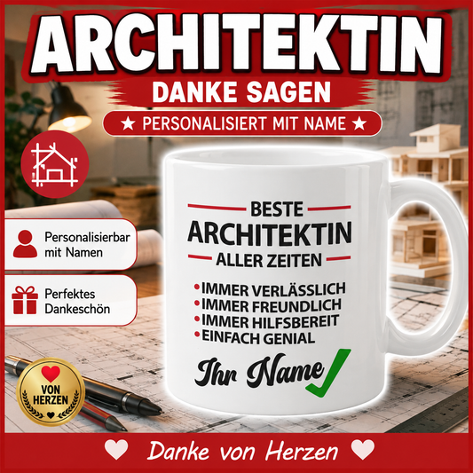 Personalisierte Tasse als Geschenk für Architektin mit Wunschname – individuelle Kaffeetasse für Architektinnen.