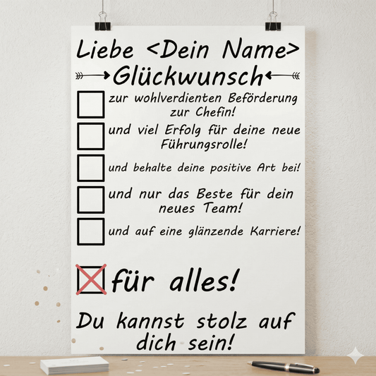 Personalisiertes Poster zur Befoerderung zur Chefin mit Name, hochwertiger Druck auf Mattpapier