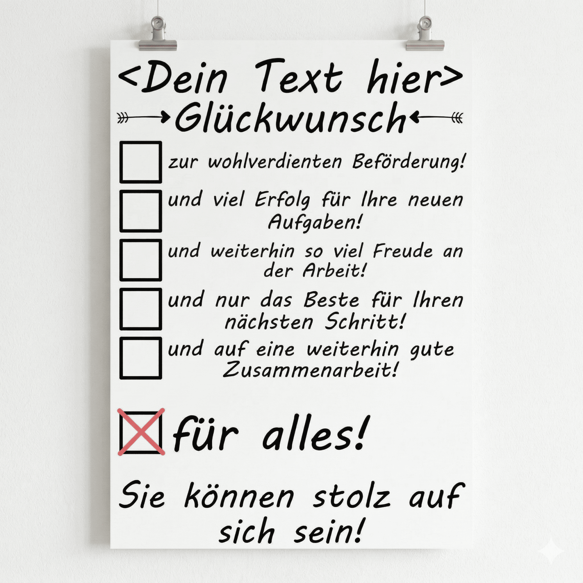 Personalisiertes Poster zur Befoerderung des Kollegen mit Name, hochwertiger Druck auf Mattpapier