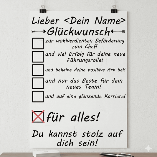 Personalisiertes Poster zur Befoerderung zum Chef – mit Name und Datum bedruckt
