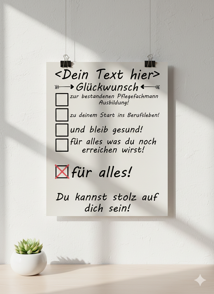 Elegantes DIN A3 Poster zur bestandenen Pflegeausbildung mit medizinischen Symbolen und persönlichem Gratulationstext für einen Pflegefachmann.