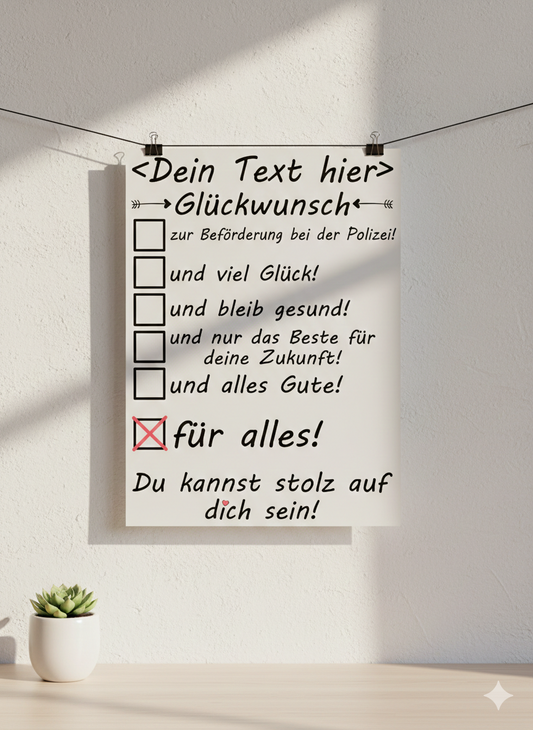 Personalisiertes Poster zur Beförderung bei der Polizei im DIN A3 Hochformat, ) und Gratulationstext für einen Kollegen.