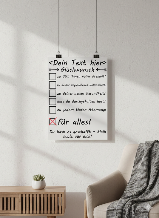 Personalisiertes A3 Poster zum Jubiläum 1 Jahr rauchfrei mit Namen. Fine-Art-Print als motivierendes Nichtraucher-Geschenk.