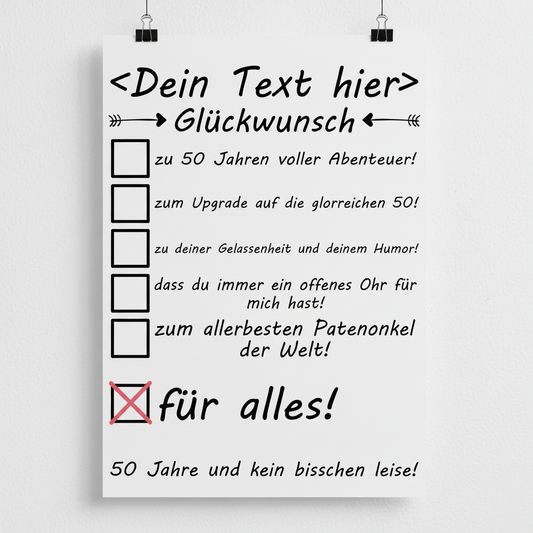 Personalisiertes Poster zum 50. Geburtstag mit Glueckwuenschen und individueller Textgestaltung als Geschenk fuer Jubilare
