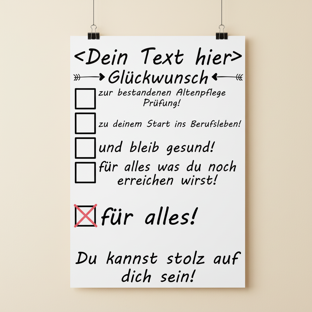 Poster Altenpflege Examen bestanden haengend an Wohnzimmerwand ohne Rahmen, personalisiertes Pflegekraft-Geschenk DIN A3