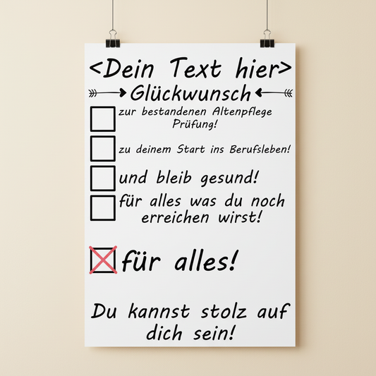 Poster Altenpflege Examen bestanden haengend an Wohnzimmerwand ohne Rahmen, personalisiertes Pflegekraft-Geschenk DIN A3
