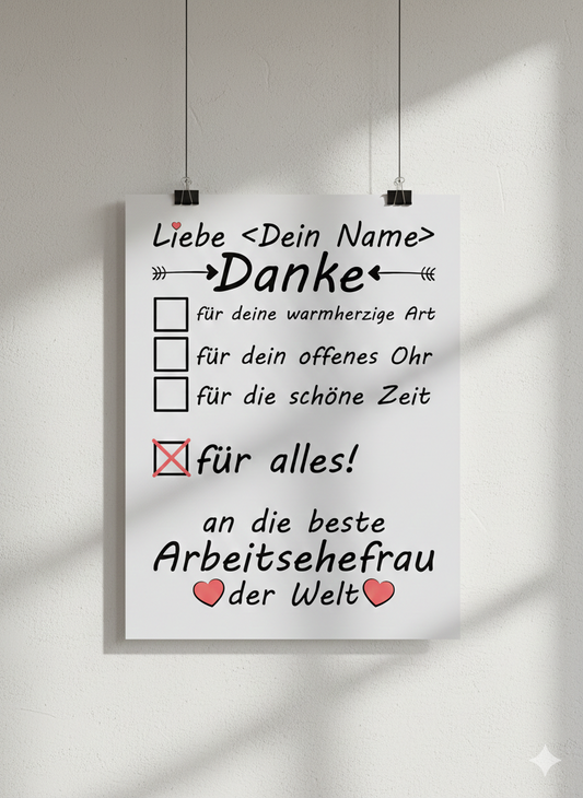 Personalisiertes Danke-Poster fuer Arbeitsehefrau mit Wunschname zum Geburtstag Hochzeitstag oder Muttertag in DIN A3 Galeriequalitaet
