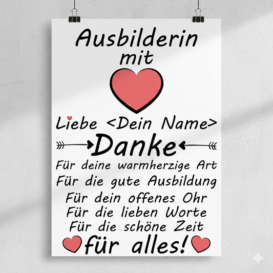 Poster Ausbilderin mit Wunschname Danke Geschenk zum Abschied nach Ausbildung in A3 Galeriequalitaet
