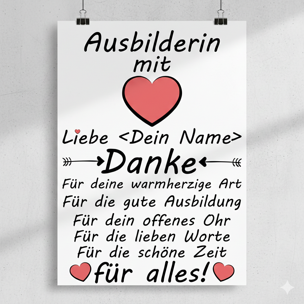 Poster Ausbilderin mit Wunschname Danke Geschenk zum Abschied nach Ausbildung in A3 Galeriequalitaet
