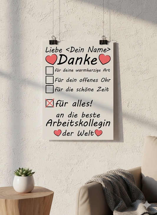 ersonalisiertes Poster fuer beste Arbeitskollegin der Welt mit Wunschname, DIN A3 Galeriedruck, Danke-Geschenk zum Abschied oder Geburtstag