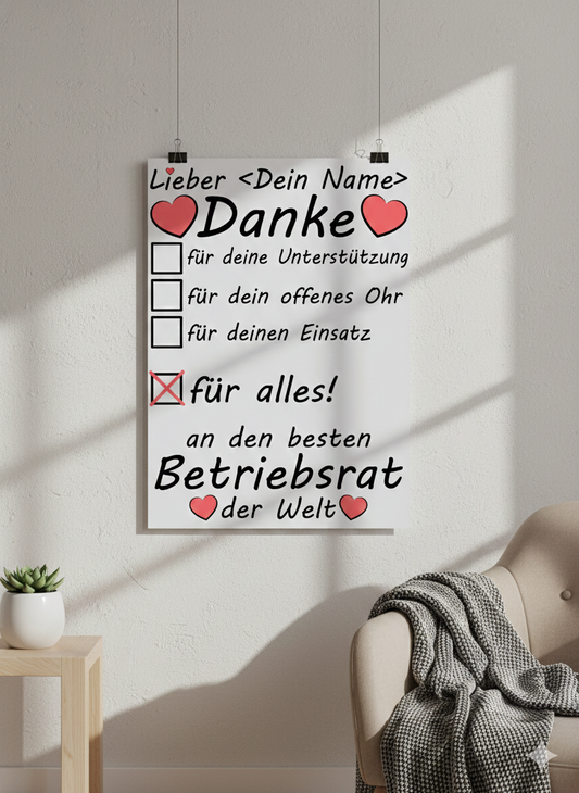 Personalisiertes Poster fuer Betriebsrat zum Abschied, DIN A3 Galeriequalitaet, Dankeschoen-Geschenk mit Wunschname
