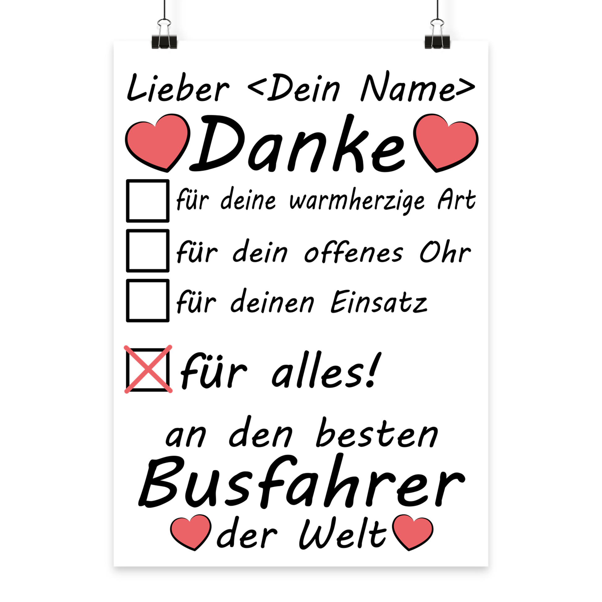 Personalisiertes A3 Poster für Busfahrer mit Namen. Fine-Art-Print als herzliches Dankeschön-Geschenk für die sichere Fahrt