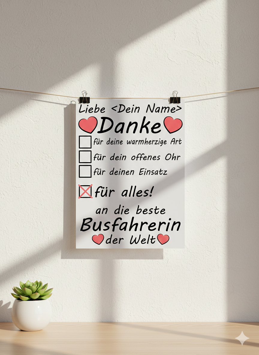 Personalisiertes A3 Poster für Busfahrerin mit Namen. Fine-Art-Print als herzliches Dankeschön-Geschenk für die sichere Fahrt.