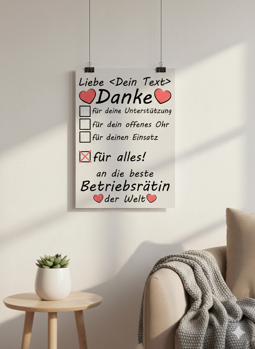 Personalisiertes Danke-Poster fuer Betriebsraetin zum Abschied, DIN A3 Galeriequalitaet, Wertschaetzung Namen
