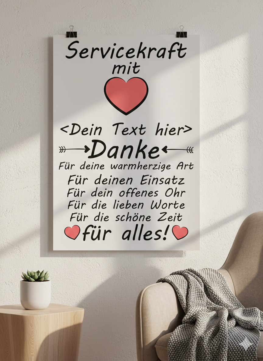 Personalisiertes Danke-Poster fuer Servicekraefte als Geschenk zum Abschied mit Namen im DIN-A3-Format
