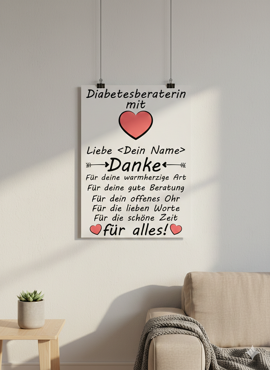 Personalisiertes Danke-Poster fuer Diabetesberaterin als Geschenk nach Schulung mit Namen im DIN-A3-Format
