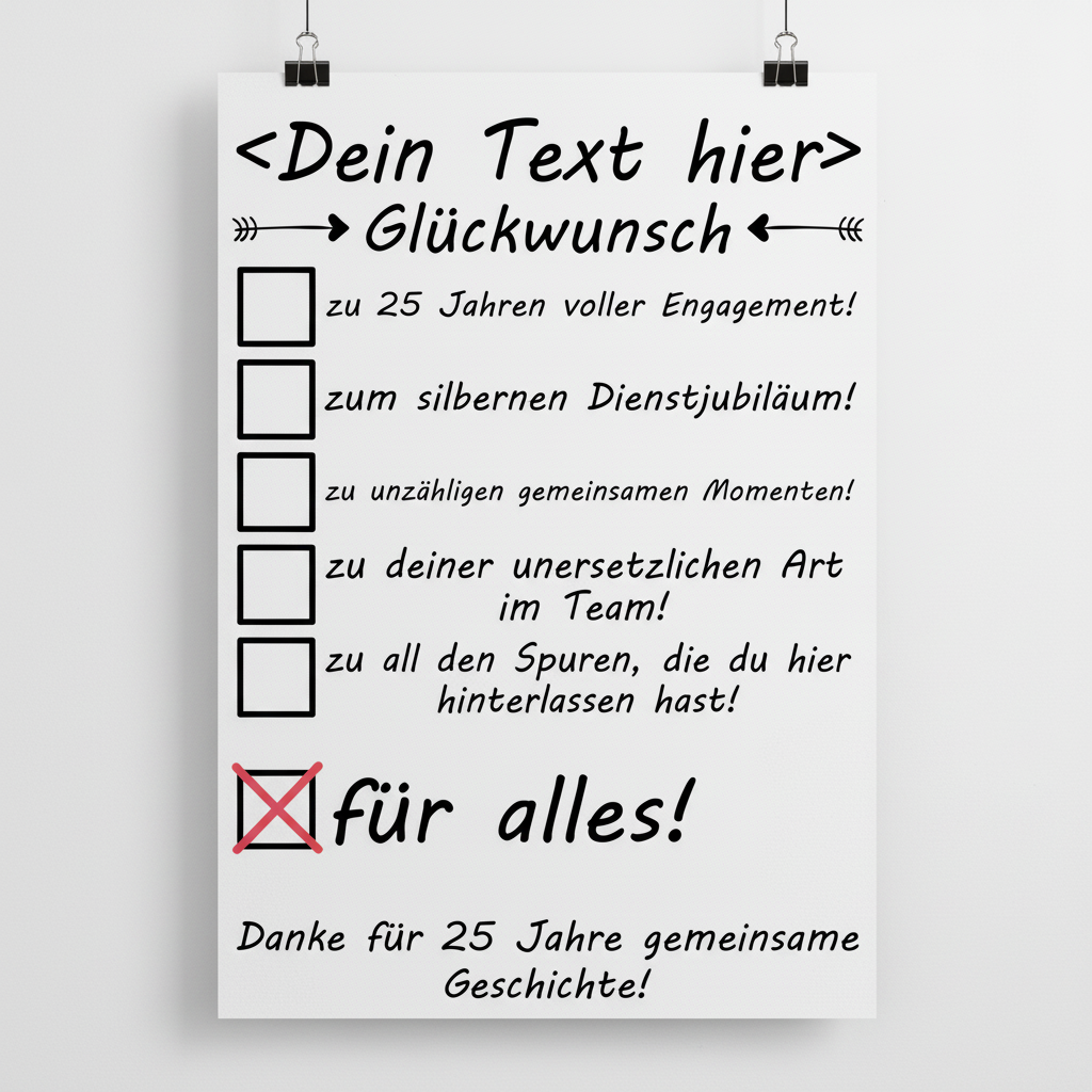  Personalisiertes Poster fuer Kollegen zum 25 jaehrigen Dienstjubilaeum mit Glueckwunsch Checkboxen