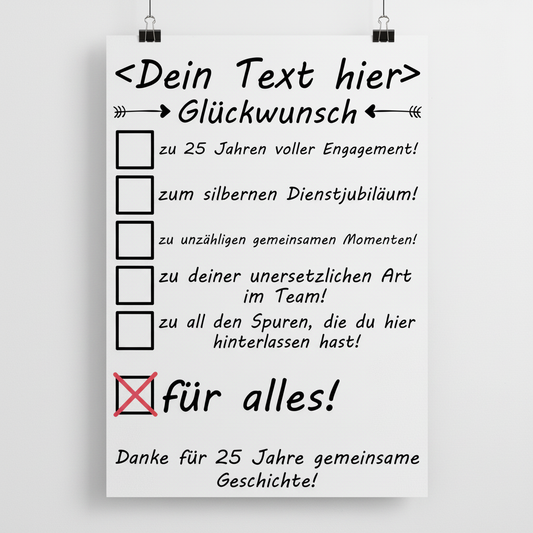  Personalisiertes Poster fuer Kollegen zum 25 jaehrigen Dienstjubilaeum mit Glueckwunsch Checkboxen