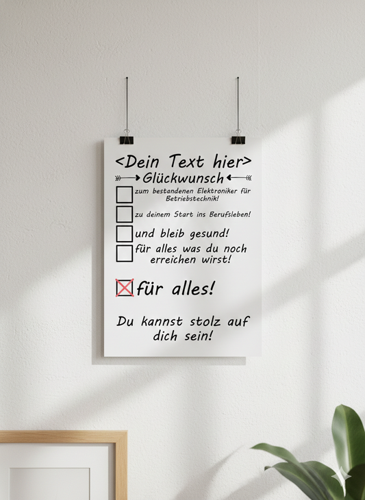 Personalisiertes Poster fuer Elektroniker Betriebstechnik zur bestandenen Pruefung, DIN A3 Galeriequalitaet mit Wunschname, ideales Geschenk
