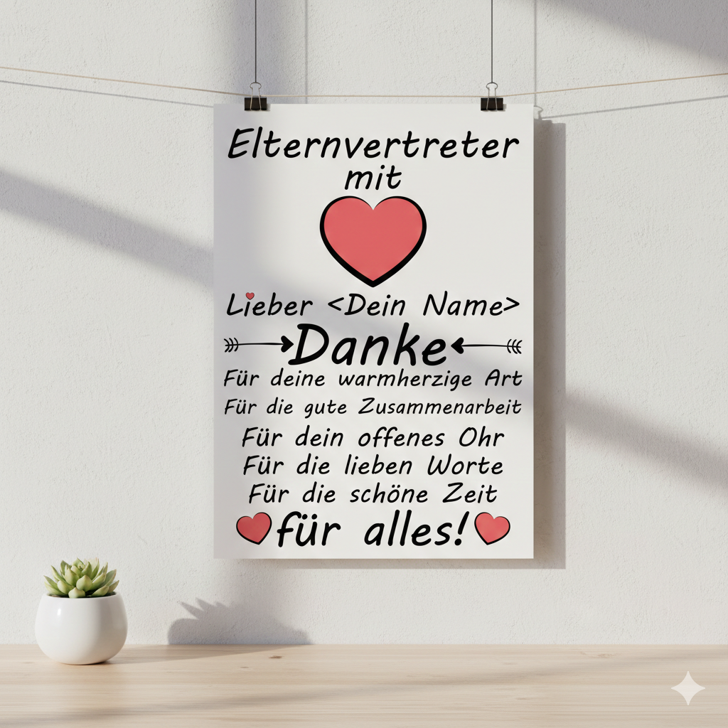 Personalisiertes A3 Poster für Elternvertreter mit Namen. Fine-Art-Print als herzliches Dankeschön zum Schuljahresende