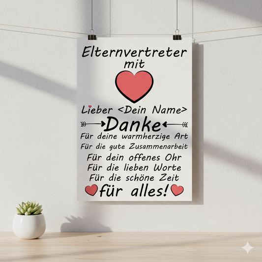 Personalisiertes A3 Poster für Elternvertreter mit Namen. Fine-Art-Print als herzliches Dankeschön zum Schuljahresende