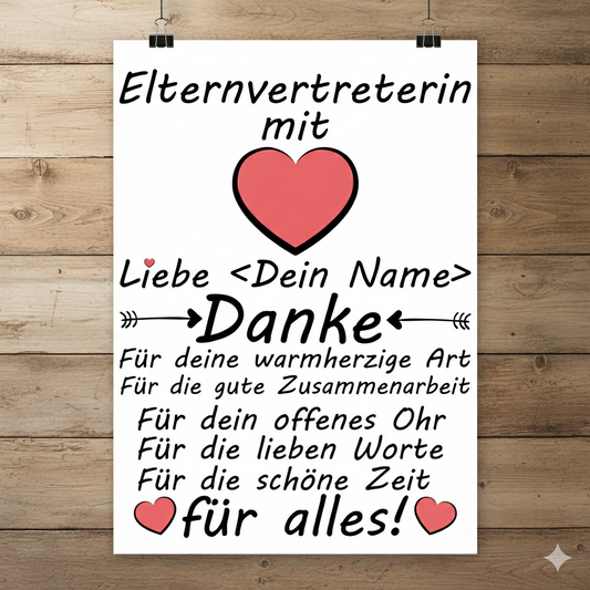 personalisiertes A3 Poster für Elternvertreterin mit Namen. Fine-Art-Print als herzliches Dankeschön zum Schuljahresende