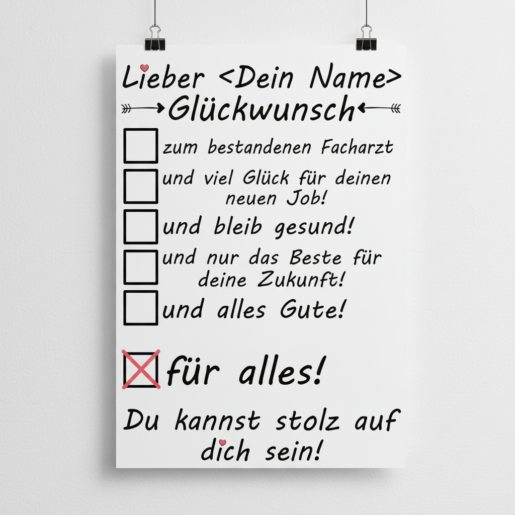 Poster Facharztpruefung bestanden haengend an Wohnzimmerwand ohne Rahmen, personalisiertes Arzt-Geschenk DIN A3