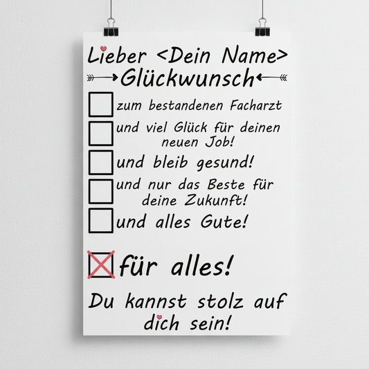 Poster Facharztpruefung bestanden haengend an Wohnzimmerwand ohne Rahmen, personalisiertes Arzt-Geschenk DIN A3