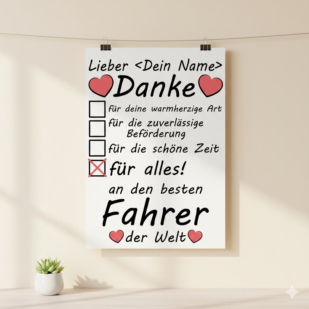Personalisiertes A3 Poster für Fahrer mit Namen. Fine-Art-Print als herzliches Dankeschön-Fahrdienst Geschenk zum Abschied