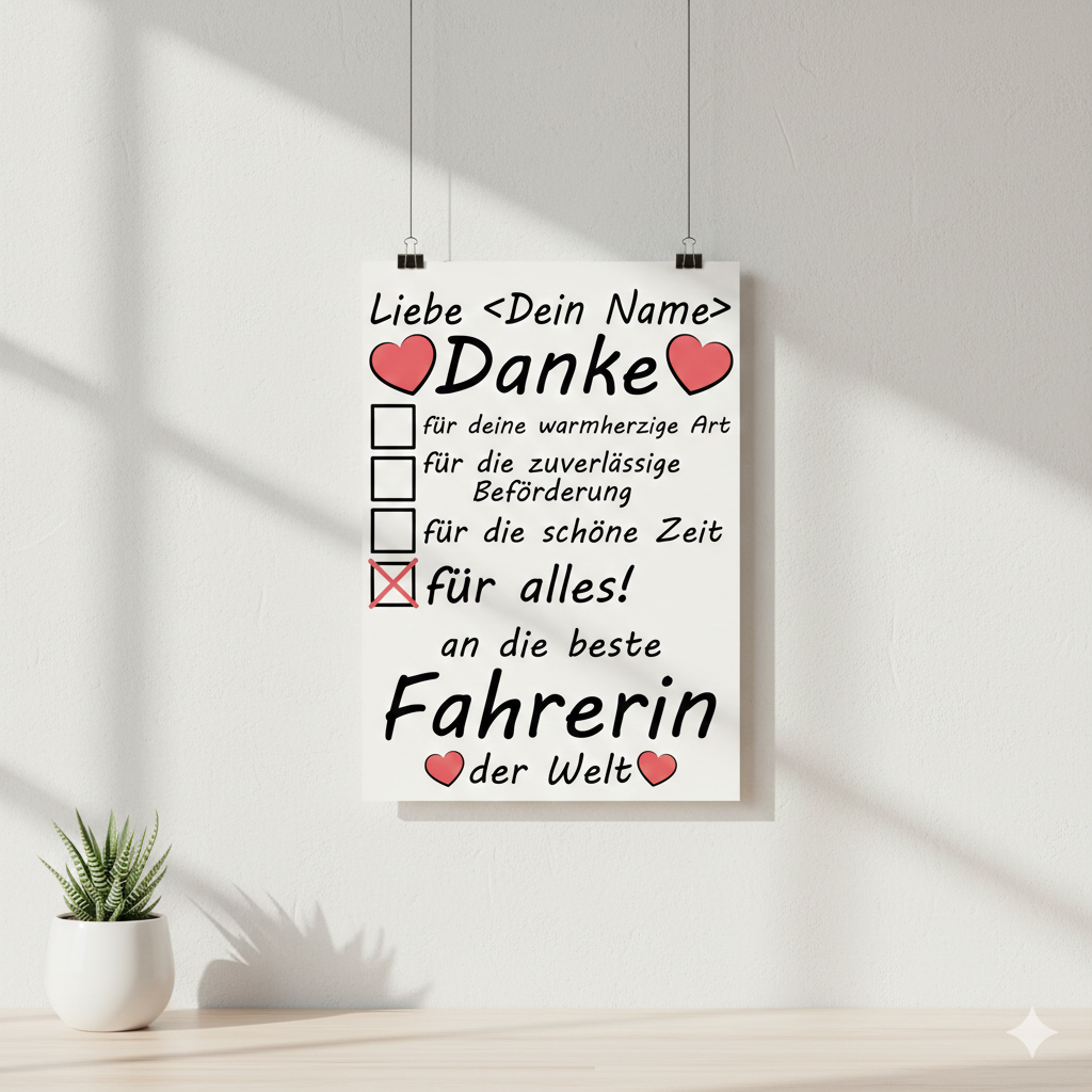 Personalisiertes A3 Poster für Fahrerin & Fahrdienst mit Name. Fine-Art-Print als herzliches Dankeschön zum Abschied.