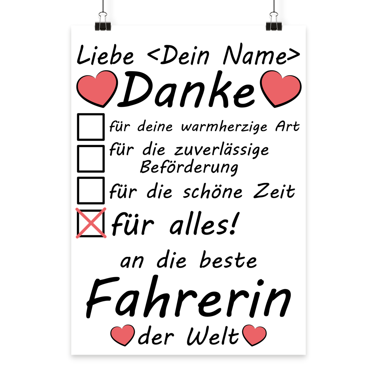 Personalisiertes A3 Poster für Fahrerin & Fahrdienst mit Name. Fine-Art-Print als herzliches Danke sagen als Abschiedsgeschenk.