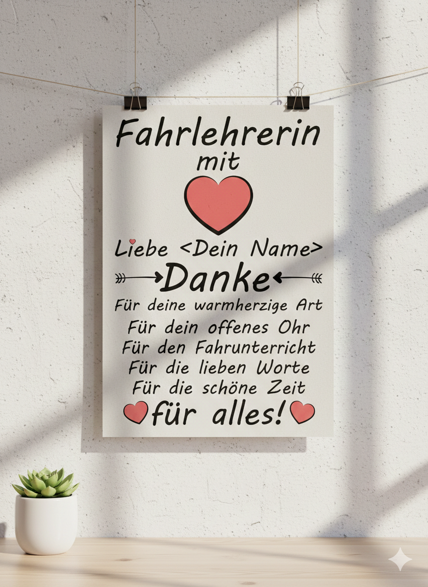 Personalisiertes A3 Poster für Fahrlehrerin mit Herz-Motiv. Dankeschön-Geschenk mit Name nach bestandener Prüfung