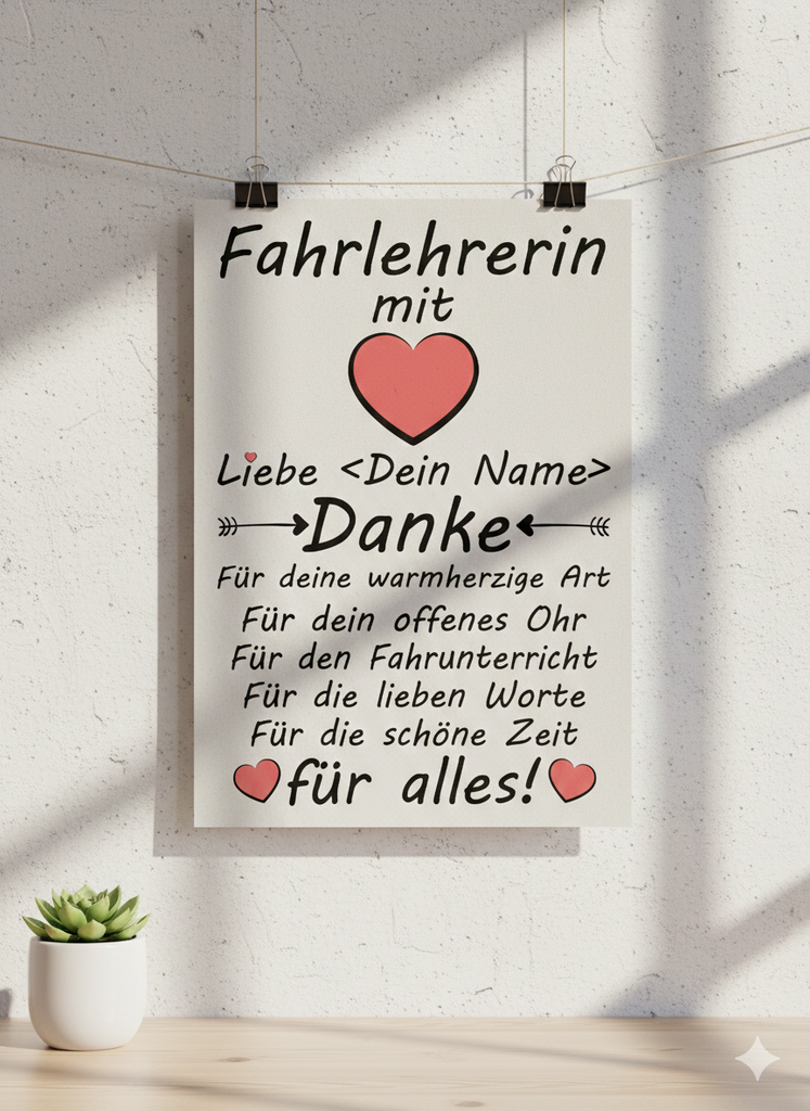 Personalisiertes A3 Poster für Fahrlehrerin mit Herz-Motiv. Dankeschön-Geschenk mit Name nach bestandener Prüfung
