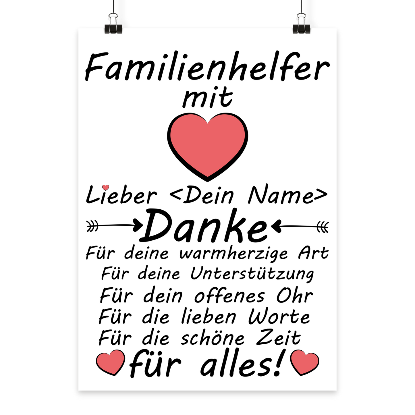 Herzliches Familienhelfer Geschenk: Personalisiertes A3 Poster Danke mit Wunschnamen. Fine-Art-Print in Galeriequalität.