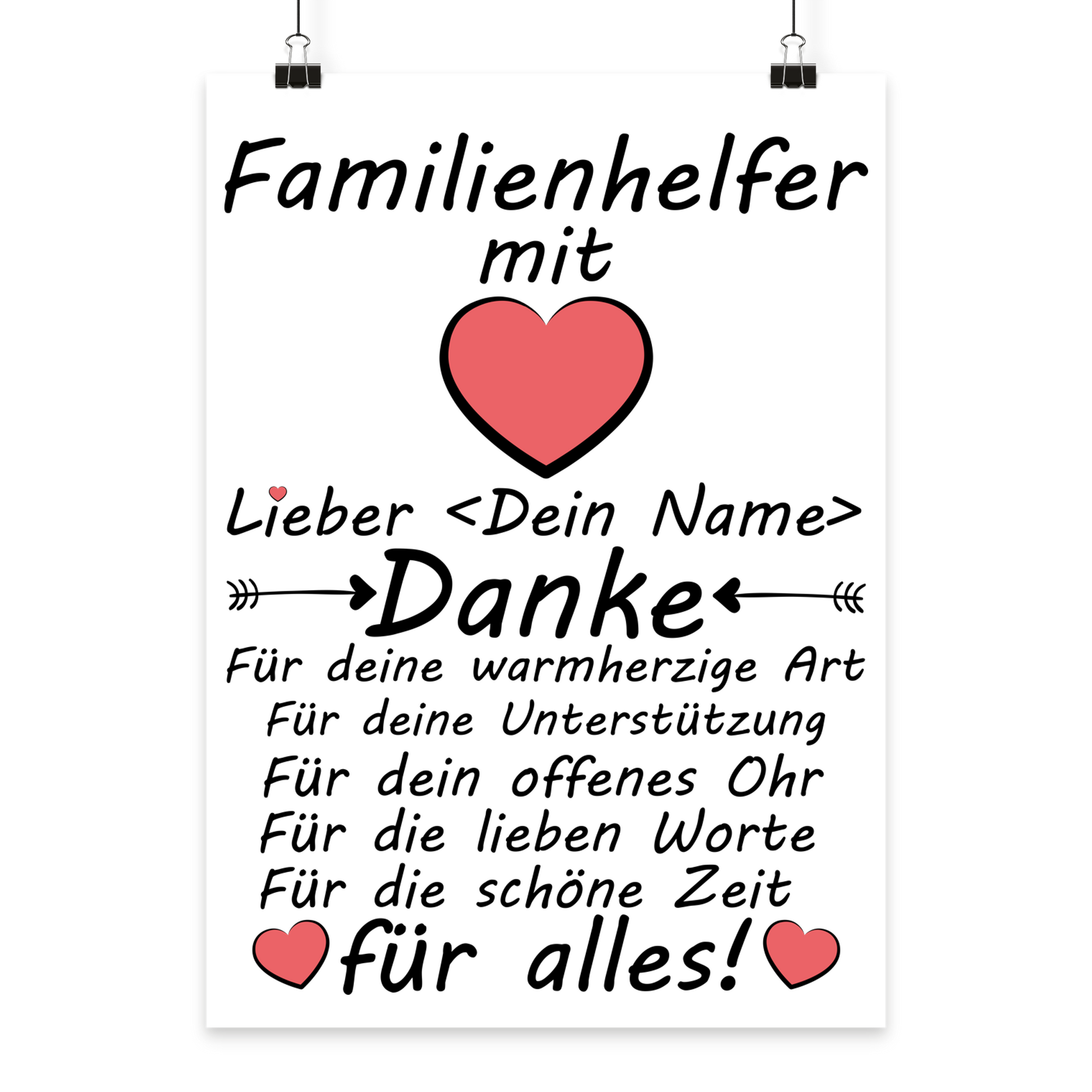 Herzliches Familienhelfer Geschenk: Personalisiertes A3 Poster Danke mit Wunschnamen. Fine-Art-Print in Galeriequalität.