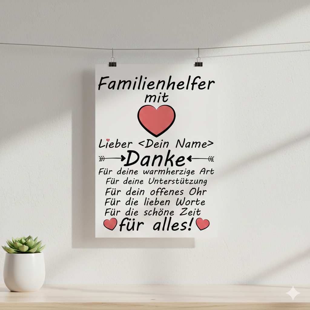 Herzliches Familienhelfer Geschenk: A3 Poster Danke sagen mit Wunschnamen. Fine-Art-Print in Galeriequalität.