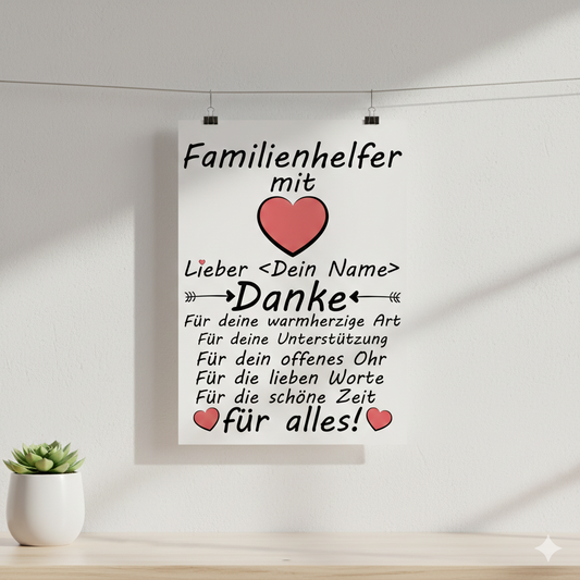 Herzliches Familienhelfer Geschenk: A3 Poster Danke sagen mit Wunschnamen. Fine-Art-Print in Galeriequalität.