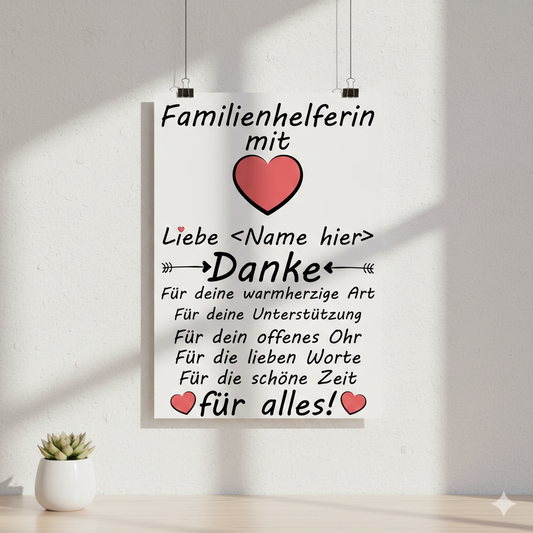 Personalisiertes A3 Poster für Familienhelferin mit Name und Text 'Familienhelferin mit Herz – Danke für alles', ideales Abschiedsgeschenk.