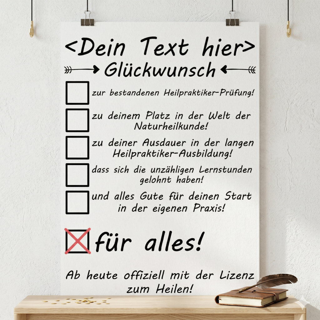 Personalisiertes Poster als Geschenk zur bestandenen Heilpraktiker-Pruefung mit Name und Datum